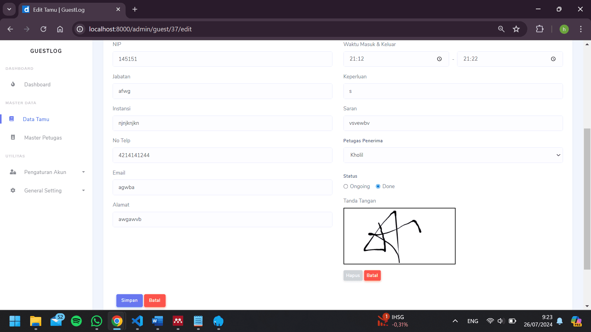 Tampilan dashboard